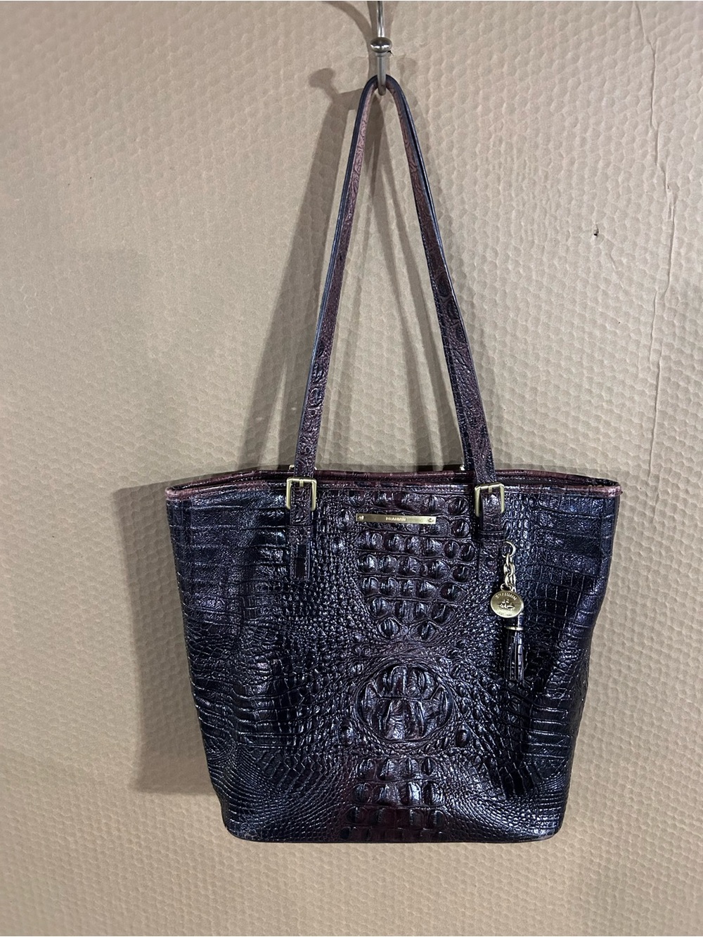 Brahmin Croc-Embossed Tote in Deep Plum/Black